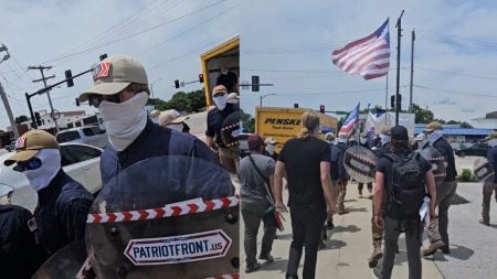 Masked Neo-Fascist Nazis Bolt Back Into Their Truck After Missouri Protesters Push Back: ‘Scared Little Bullies’ A picture of the Missouri neo-fascist Nazis.