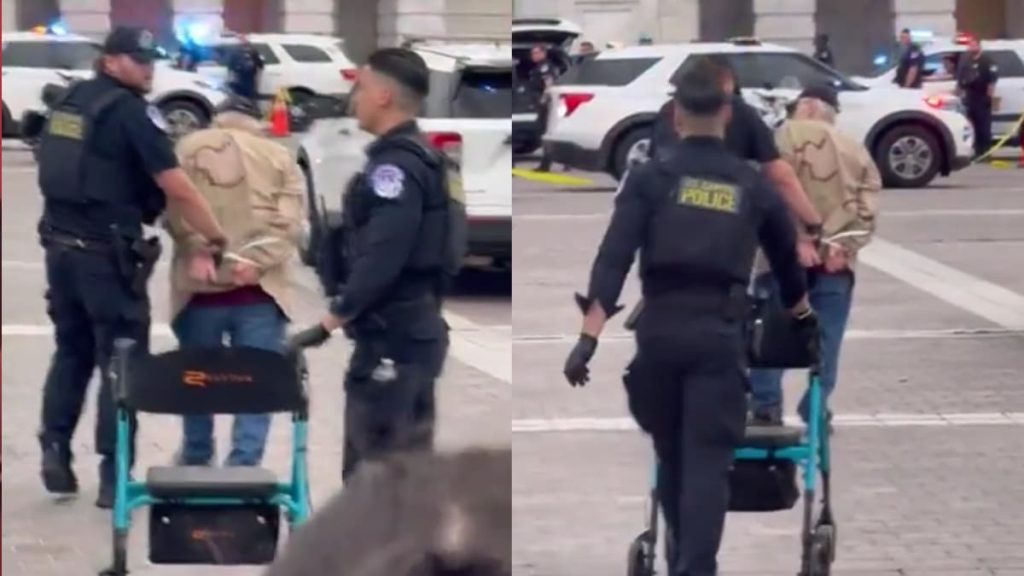 80-Year-Old Maryland Veteran Zip Tied by Merciless Police for Protesting Trump: ‘Their Karma Will Come’ A picture of the Washington veteran being arrested.