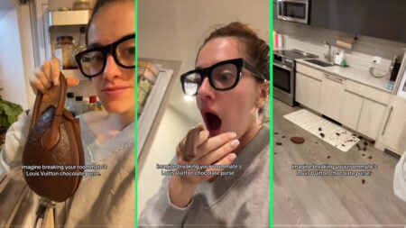 New York Woman Breaks Louis Vuitton Purse and Then Eats It, ‘It’s Giving Willy Wonka’ new york tiktoker tallertoddlers dropping chocolate louis vuitton purse