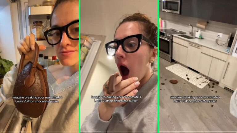 new york tiktoker tallertoddlers dropping chocolate louis vuitton purse