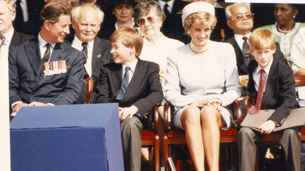 Photo of King Charles (then Prince Charles), Princess Diana and their two sons Harry and William.