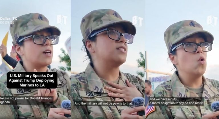 ‘We’re Not Pawns’ Soldier in Uniform Joins Anti-ICE Protest in Texas, Sparks Military and Civilian Outrage Texas Marine says she's not a Trump pawn