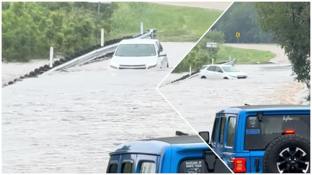 Foolish Texas Driver Attempts to Drive Through Flooded Road and Finds Out: ‘Even the Jeep With the “New Driver” Sticker Knew Better 💀’ Foolish Texas Driver Attempts to Drive Through Flooded Road and Finds Out