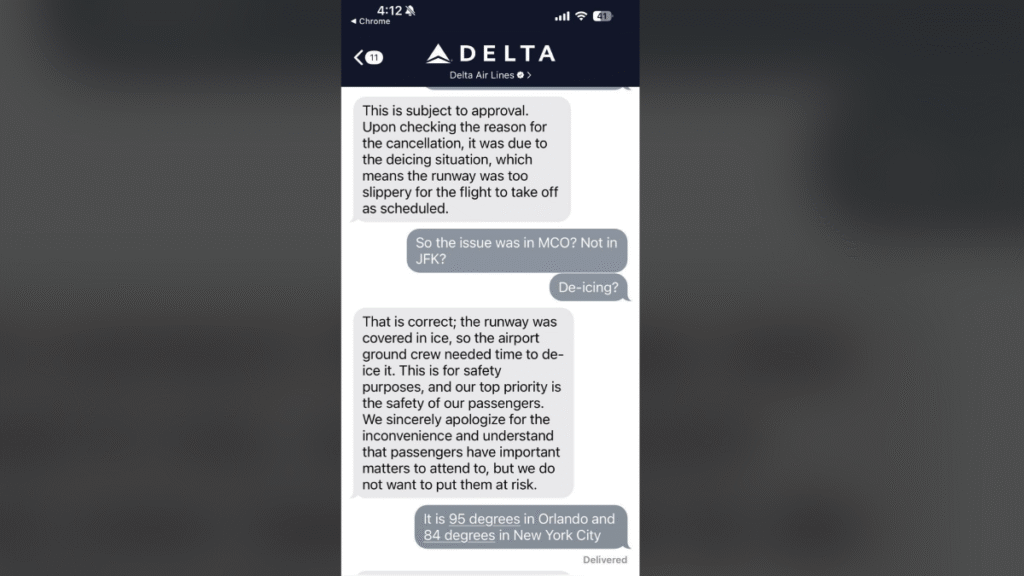 Message History for Flight canceled for ice In Orlando