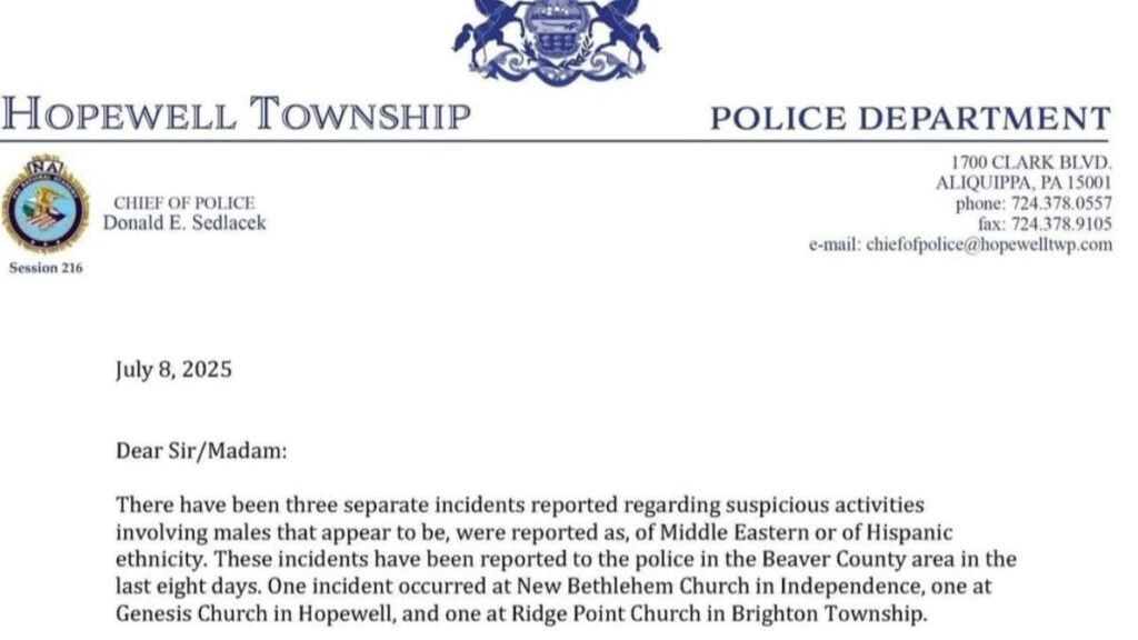 Problematic Pennsylvania Cops Send Islamophobic Letter to Residents: ‘Four Males In HIJABS?’ A picture of the Pennsylvania police's letter.