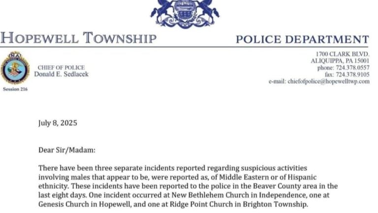A picture of the Pennsylvania police's letter.