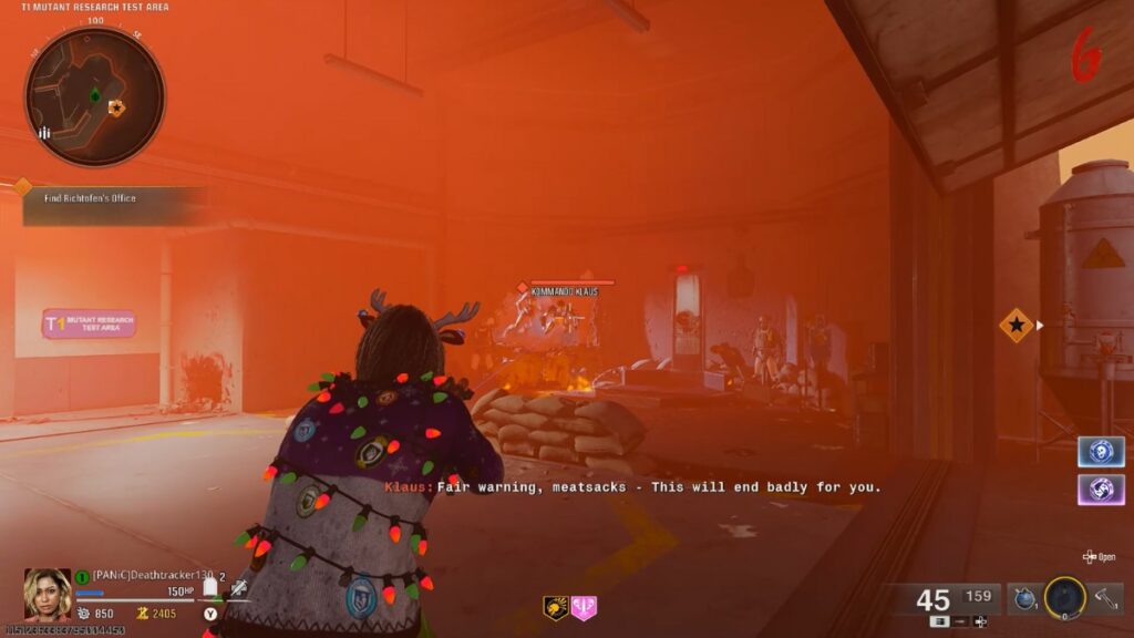 Shoot the Klaus bots in the arm