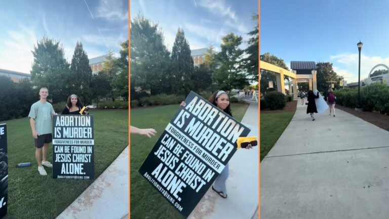 Woman Poses With Anti-Abortion Sign at Kennesaw State University Only to Run Away With It, ‘Thought My FYP Betrayed Me For a Moment’ Woman Poses With Anti-Abortion Sign at Kansas State University Only to Run Away With It, 'Thought My FYP Betrayed Me For a Moment'