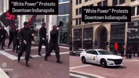 Disgusting Armed Neo-Nazi Thugs Walk in Indiana While Police Protect Them: ‘They Should Be Getting Deported’ A picture of the Indiana Neo-Nazis thugs.