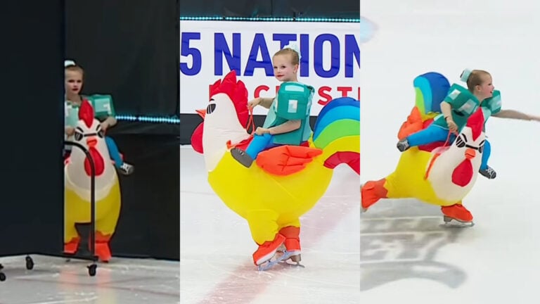 Minnesota Ice Skater in Chicken Costume Wins the Crowd With Her Poultry in Motion: ‘This is Clucking Wonderful!’ chicken jockey ice skating