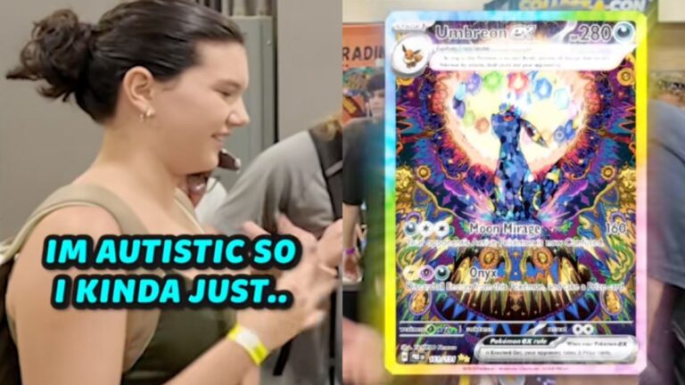 Fan getting a prismatic umbreon pokemon card at collect-a-con