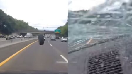 Tire smashes windsheild in NJ