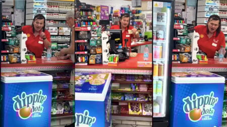 Three images of a gas station attendant in Woodstock, Alabama ridiculing a customer over her outfit.