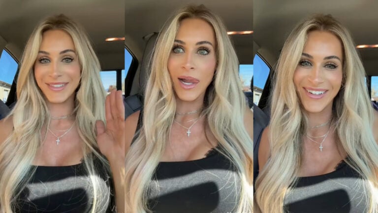 Three pictures of a blonde female TikTok influencer from Phoenix, Arizona. She's wearing a black tank top and smiling for the camera, as she tells a story about internet harassment.