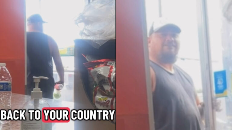California Woman Captures Shocking Racist Confrontation: ‘Your Skin Is Brown Too!’ Two photos of a larger man inside a California business. He's wearing a dark colored shirt and a ballcap. Text on the left image indicates racism, stating the words BACK TO YOUR COUNTRY.