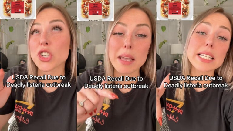 California TikToker Discusses Deadly Listeria Outbreak From Walmart: ‘I Really Wouldn’t Be Playing Around With It’ A three-photo collage of a blonde California influencer in an In-N-Out burger t-shirt. Text on the images describes a USDA recall. Each photo has an image of pasta that caused a deadly listeria outbreak.