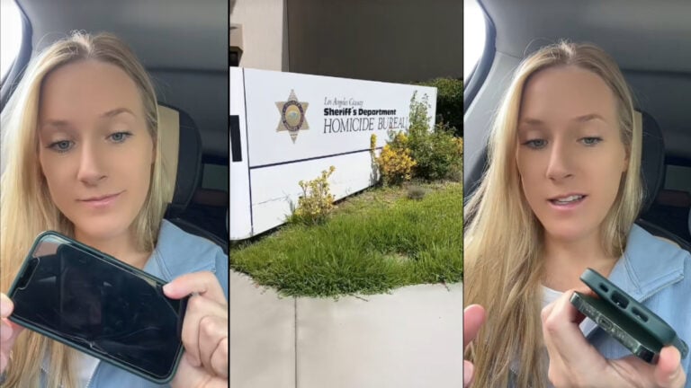 California Widow Finally Gets Husband’s Phone Back: ‘From a Wife of an Addict, Don’t Go Through It!’ A three-photo collage depicting a grieving woman who lost her husband to drug addiction. The left and right images show her sitting in a car, holding up his mobile phone. The middle image shows the Los Angeles County Sheriff Department's Homicide Bureau headquarters in California.