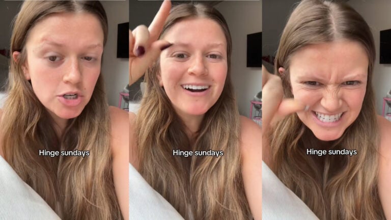 A three-picture collage featuring a smiling woman from Chicago, Illinois. Text on the images indicates that she's discussing using the Hinge app on Sundays.