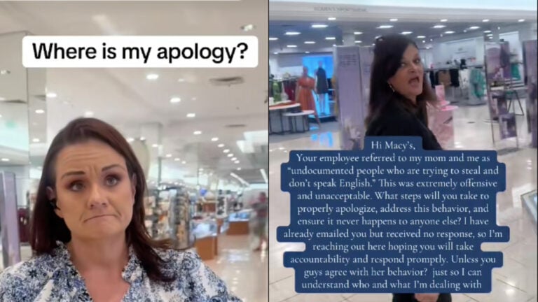 Screenshots from a Colorado woman's recorded confrontation with a racist employee at Macy's