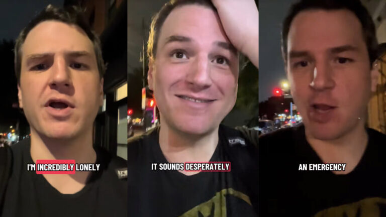 New York City Resident Self-Deprecates Over No Friends, Receives Overwhelming Response: ‘Let’s Hang Out.’ Three images of a man in New York City, walking in the evening and discussing his lack of friends as an emergency.