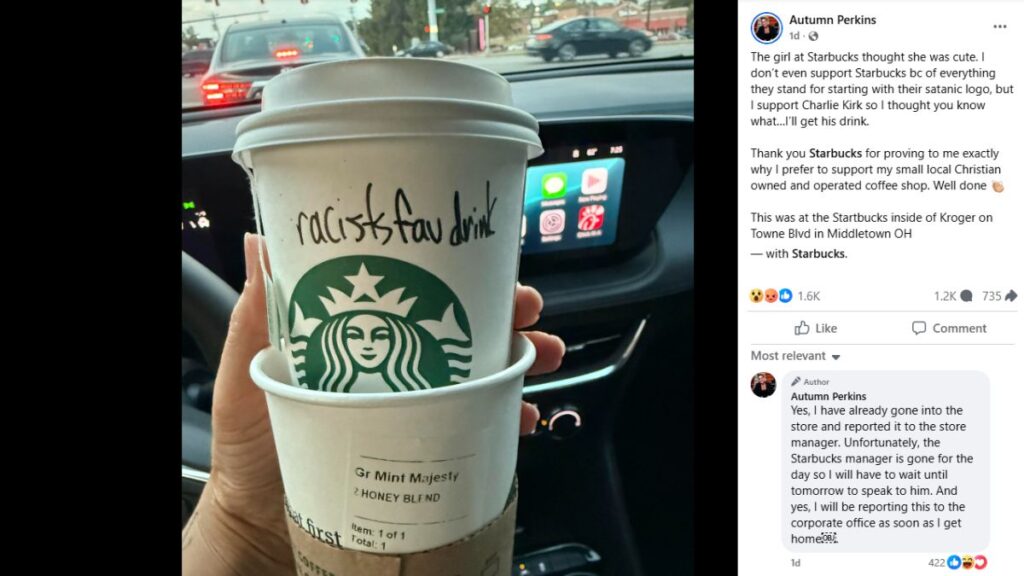 Ohio Starbucks Wrote 'Racists Fav Drink' on Customer's Charlie Kirk Drink 'That Barista is a Real One, Though'
