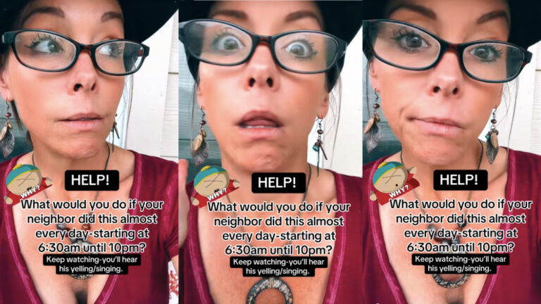 Three photos of a woman in Texas. She's wearing a black wide brim hat, eyeglasses, and a bright red v-neck tshirt. Text on the images details her neighbor's loud music and drunken behavior, and asks the public for their help.