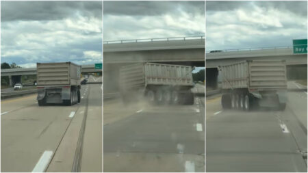 Truck spins out in highway in Michigan