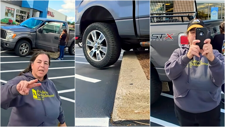 Parking Lot Karen Goes Ballistic at Onlooker After Crashing Her Truck on the Curb in Pennsylvania: ‘You Can’t Park There’ karen crashes truck