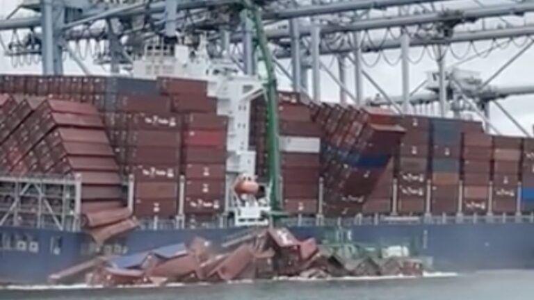 Stacks of Shipping Containers Crash Into the Water as Long Beach Ship Pulls Ashore, “Your Shipment Has Been Delayed While We Fish It Out of the Port Docks” Shipping containers fall off the Mississippi in Long Beach, California