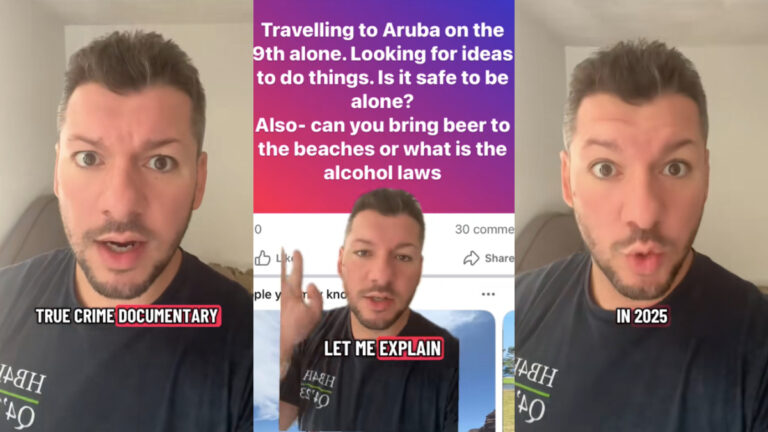 Boston Influencer Puts Out PSA for Solo Travelers: ‘Please Stop Doing This.’ Three photos of a man wearing a black t-shirt in his Boston home. Text on the images indicates he's giving safety advice, after reading a post from a solo traveler that concerned him.