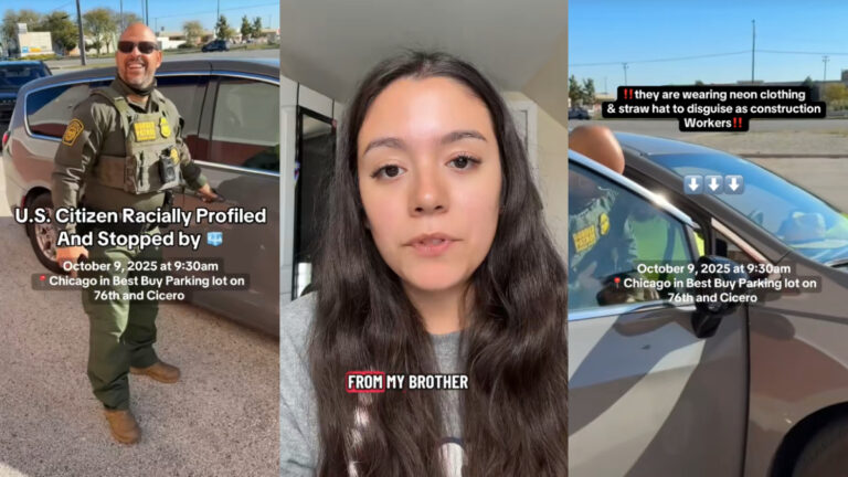 A photo of a fully uniformed ICE agent, a photo of a brunette woman speaking about her brother, and a photo of an ICE agent in a neon yellow disguise.