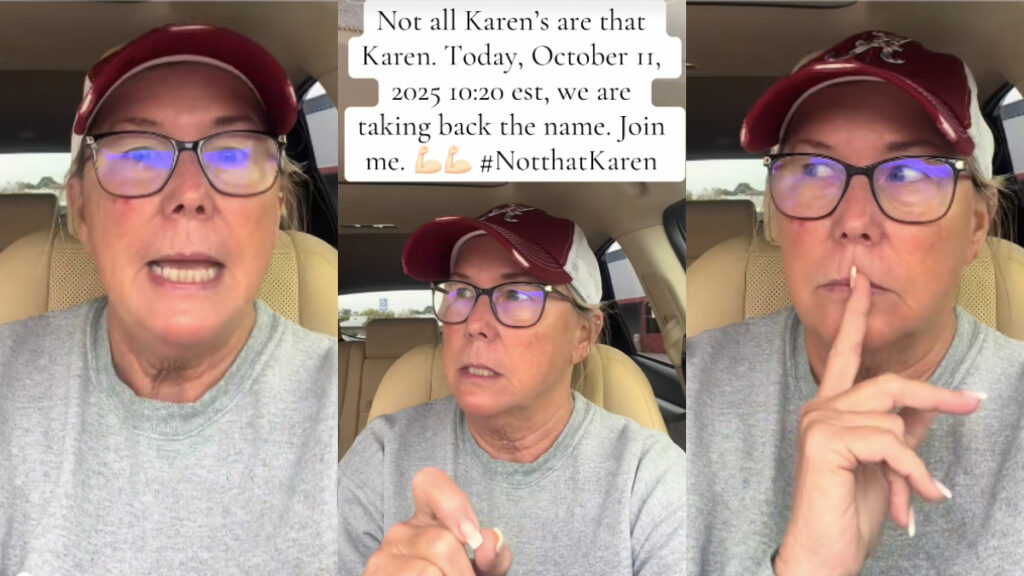 Three photos of an older woman named Karen wearing a gray sweatshirt and maroon ballcap, sitting inside her car in a Georgia parking lot. Text on the images calls for the #NotThatKaren movement in order to take back the name, as of October 11th 2025 at 10:20 EST.