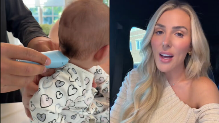 Two photos depicting an Illinois couple who decided to shave their infant daughter's head. The left image shows the infant haircut in progress. The right image shows the mother discussing the decision to shave it all off.