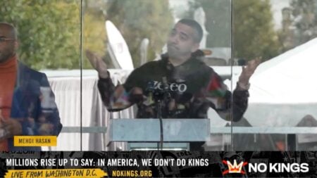 Mehdi Hasan speaking at Washington D.C.'s No Kings protest