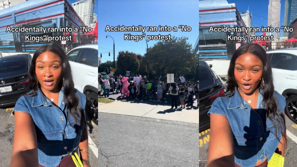 North Carolina Woman Trapped at Brunch by No Kings Protest: ‘Hey Hey, Ho Ho, Donald Trump Has Got To Go!’ Three photos from the October 18th No Kings Protest in Charlotte, North Carolina. The right and left images show a young Black woman wearing a blue top. standing in front of Midnight Diner. Text on the images indicates that she accidentally encountered the protest while she was out and about.