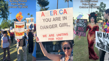 Three images depicting Palm Springs protesters displaying various empowering signs in front of a large crowd at a No Kings Day event in Florida.