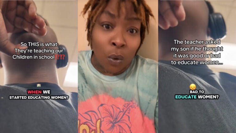 Sexist Georgia Teacher Under School Board Investigation: ‘The Misogyny Is Insane.’ Three images regarding an incident inside a Georgia classroom. The right and left images are still shots from a Black male student in a gray shirt, who recorded his teacher's misogynistic remarks. The middle image is of the student's mother, who made the video public on TikTok. She is wearing a mint -colored shirt with a large orange flower printed on the front.