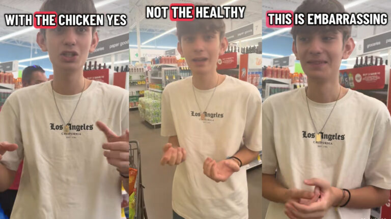 Three pictures of a male exchange student wearing a white tshirt inside a Texas Walgreens. Text indicates a mixup over chicken dinner.