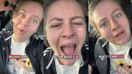 Three photos of a woman sitting in her vehicle outside a Washington Walmart, while she rants into her camera. She is wearing a black jacket and white graphic t-shirt. Text on the images indicates she's angry at someone and wants them to go elsewhere.