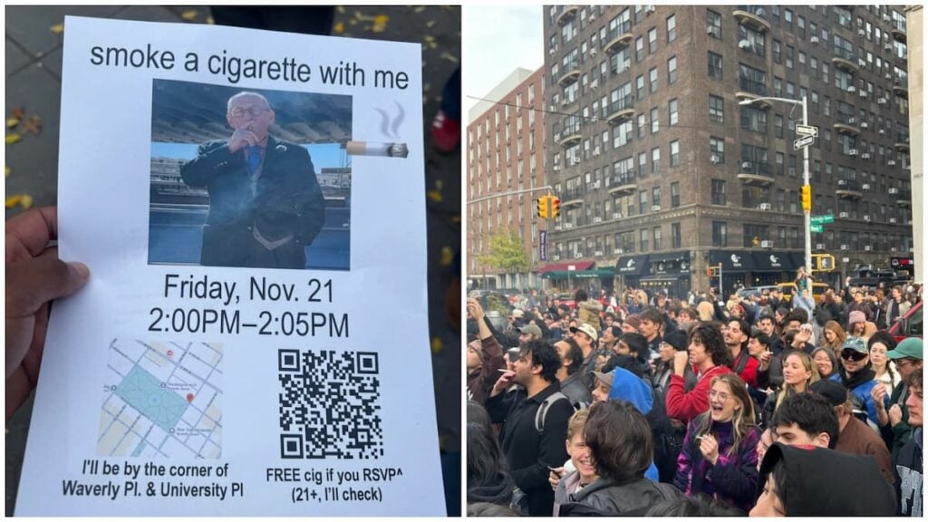 Elderly New Yorker Hands Out Flyers to ‘Smoke a Cigarette’ and a Huge Crowd Actually Shows Up: ‘As a Doctor, I HATE Seeing This. As a Human Being, I LOVE Seeing This’ Elderly New Yorker Hands Out Flyers Asking Strangers to Smoke a Cigarette