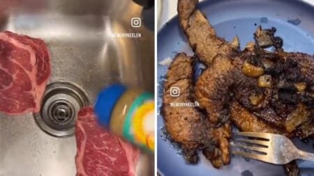 Woman seasons steak on a sink