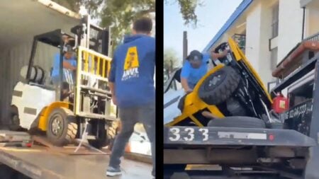 Careless Texas Roofers Crash Forklift While Getting It Out of a Truck: ‘First and Last Day on the Job’ Texas roofer Forklift