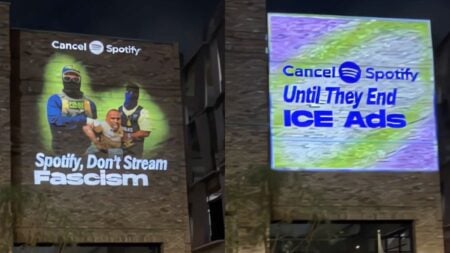 L.A. protestors project "cancel Spotify" ads on buildings