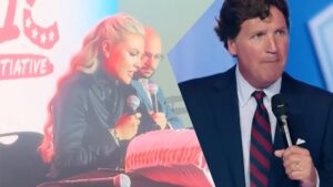 Erika Kirk and Tucker Carlson at AmericaFest 2025 in Arizona