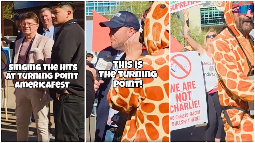 Arizona Protestor in giraffe costume sings protest song