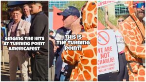 Arizona Protestor in giraffe costume sings protest song