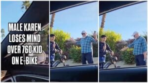 Male Karen loses it over a kid on an e-bike in California