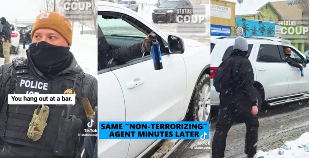 Minnesota ICE Agent Threatens Locals With a Burning Orange Mist Seconds After Claiming ICE Doesn’t Terrorize People ICE orange spray