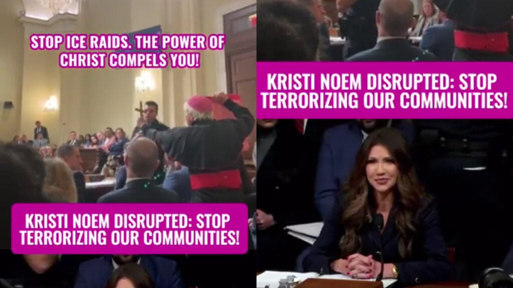 Capitol Hill Protest in Washington DC CODEPINK Activists Interrupt Kristi Noem Hearing With Exorcist Quote: ‘Code Pink Doing the Lord’s Work’ Capitol Hill Protest in Washington DC CODEPINK Activists Interrupt Noem Hearing With Exorcist Quote: ‘Code Pink Doing the Lord’s Work’