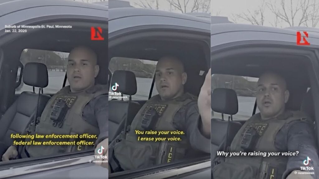 ICE agent in Minnesota speaking to a civilian during a tense exchange captured in a viral video that sparked online outrage.